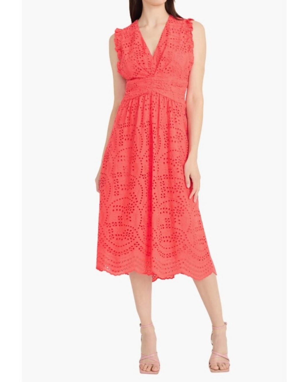 Maggy London Sleeveless Coral Eyelet V‑Neck Midi Dress